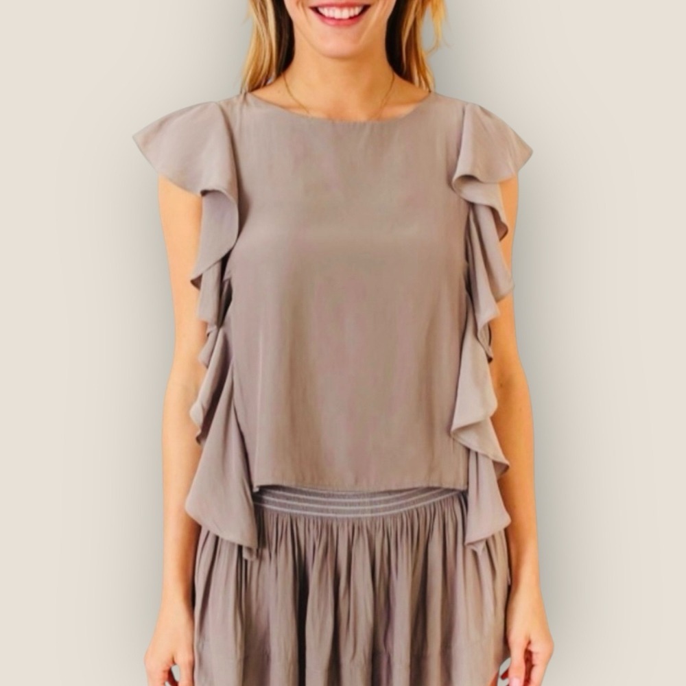 Koch Cafe Cara Top Blouse Satin Ruffle‎ Tan Beige Sz XS - Picture 2 of 8